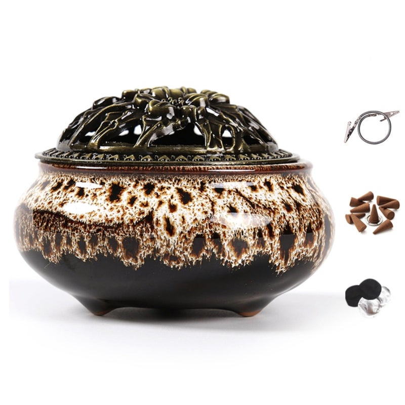 LamDawn Incense Burner with Calabash Incense Stick Holder - Porcelain Charcoal Censer for Use with Resin Granular Powder Cone or Coil Incense (Fambe Gray) - Image 1